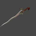 Ornate Fantasy Weapon With Golden Carved Designs Red Glowing Skull On Blade And Brown Handle
