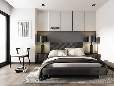 Modern Bedroom Double Bed With Black Tufted Headboard Grey Wall White Cabinets And Bedside Lamps 3d model