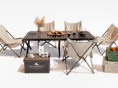 Outdoor Dining Table With Foldable Beige Chairs Fruit Platter And Decorative Crates 3d model