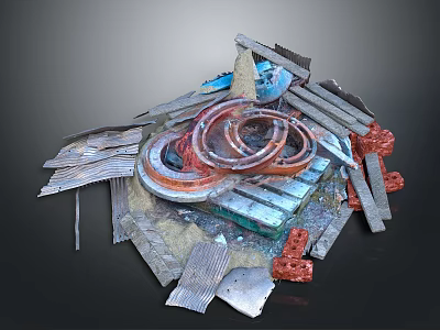 Abstract Scene Components Featuring Metal Plates Wooden Planks Circular Rings Bricks And Blue Elements 3d model