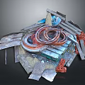 Abstract Scene Components Featuring Metal Plates Wooden Planks Circular Rings Bricks And Blue Elements