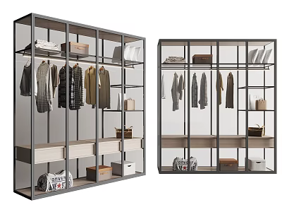 Modern Wardrobe Interior Design With Glass Doors Hanging Clothes And Storage Drawers 3d model