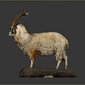 Goat Sculpture Carving With Long Curved Horns And Textured Fur On Stone Base