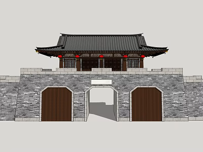 Ancient Chinese Architecture With Gray Brick Walls Brown Wooden Doors Black Roof And Red Lanterns 3d model