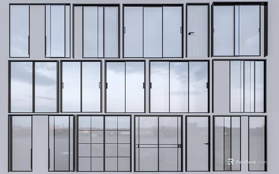 Modern Sliding Doors With Various Glass Panel Designs And Stylish Frames 3d model