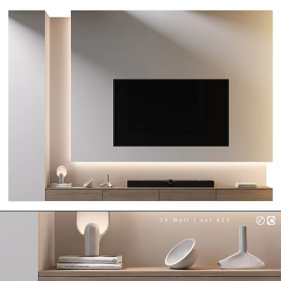 Modern TV Wall Design With Sleek Wooden Cabinet And Ambient Lighting 3d model