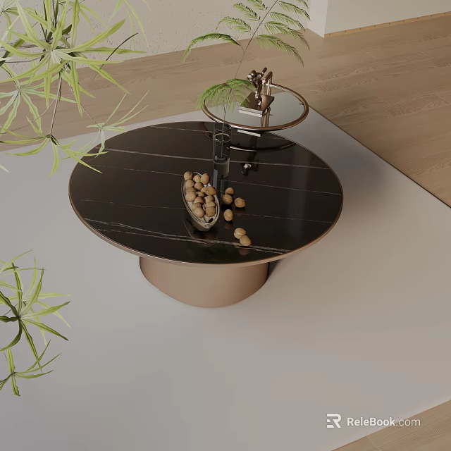 Modern Sofa And Coffee Table Set With Round Marble Top And Decorative Plants 3d model 