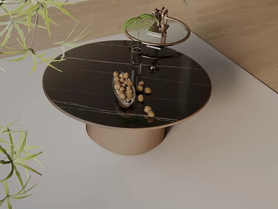 Modern Sofa And Coffee Table Set With Round Marble Top And Decorative Plants 3d model