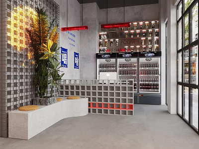 Modern Hotpot Restaurant Open Space With Neon Signs Green Plants Grid Partition And Beverage Fridge 3d model