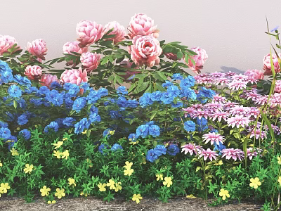 Vibrant Garden With Blooming Pink Blue And Yellow Flowers And Lush Green Leaves 3d model