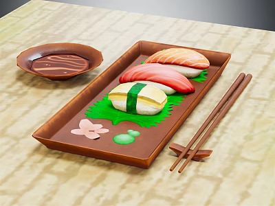 Traditional Sushi Serving Tray With Fresh Salmon Tuna Rolls Soy Sauce And Chopsticks 3d model