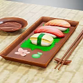 Traditional Sushi Serving Tray With Fresh Salmon Tuna Rolls Soy Sauce And Chopsticks