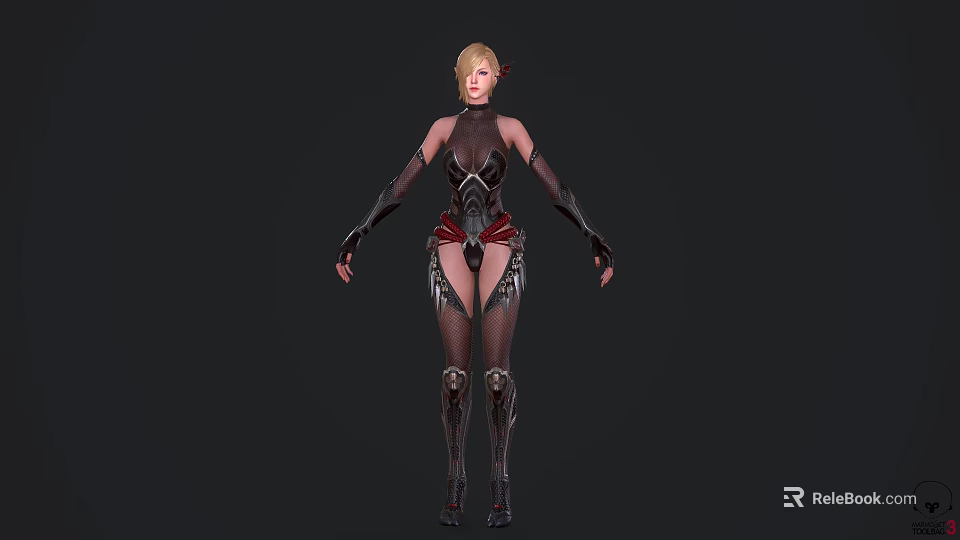 Fierce Game Movie Character with Black and Red Outfit Long Gloves and Leg Armor 3d model 
