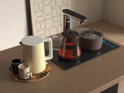 Modern Kitchen Appliances on Wooden Countertop Including Electric Kettle Glass Teapot Insulated Pot and Mugs 3d model