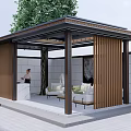 Modern Garden Landscape Featuring Wooden Lattice Pavilion Sofa Coffee Table Water Pool And Greenery