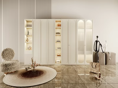 Modern White Wardrobe Interior Design With Glass Doors And Storage Shelves 3d model