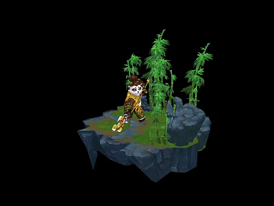 Green Lizard Basking On Rock Platform Surrounded By Bamboo In 3D Scene 3d model