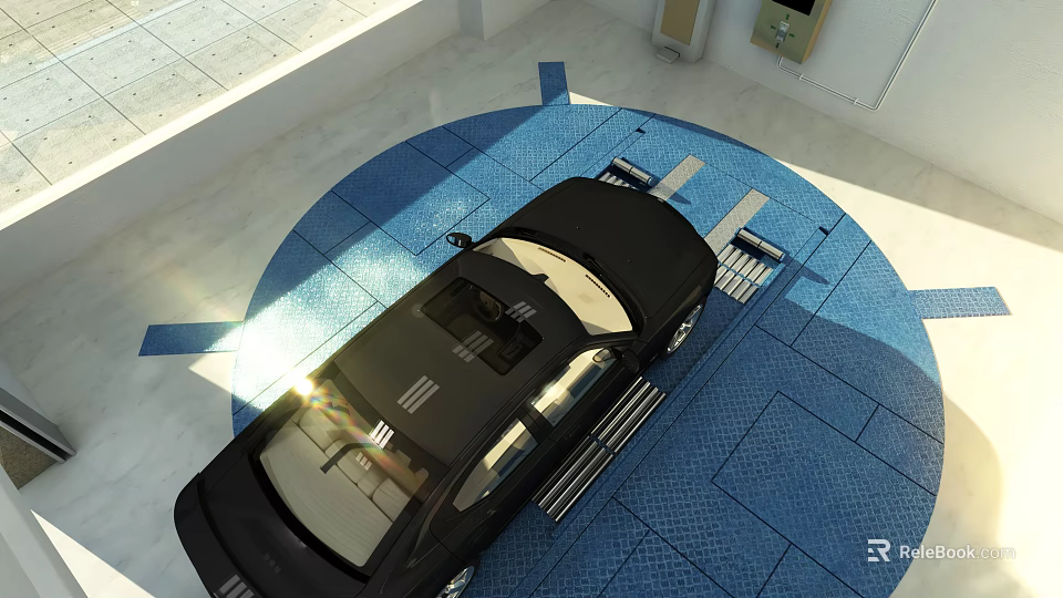 Black Car Parked On Blue Grid Pattern Floor In Indoor Area With Overhead Lighting 3d model 