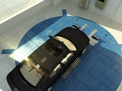 Black Car Parked On Blue Grid Pattern Floor In Indoor Area With Overhead Lighting 3d model