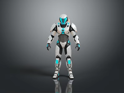 Futuristic Game Movie Character With White Black Teal Mechanical Armor Standing In 3D Rendered Pose 3d model