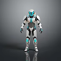 Futuristic Game Movie Character With White Black Teal Mechanical Armor Standing In 3D Rendered Pose