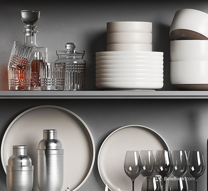 Modern Kitchen Shelves Displaying Glassware White Plates Round Platters Storage Jars And Metal Shakers 3d model 