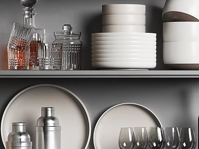Modern Kitchen Shelves Displaying Glassware White Plates Round Platters Storage Jars And Metal Shakers 3d model