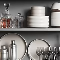 Modern Kitchen Shelves Displaying Glassware White Plates Round Platters Storage Jars And Metal Shakers