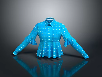 Elegant Blue Polka Dot Long Sleeve Shirt With Ruffled Cuffs And Flared Hem Design 3d model