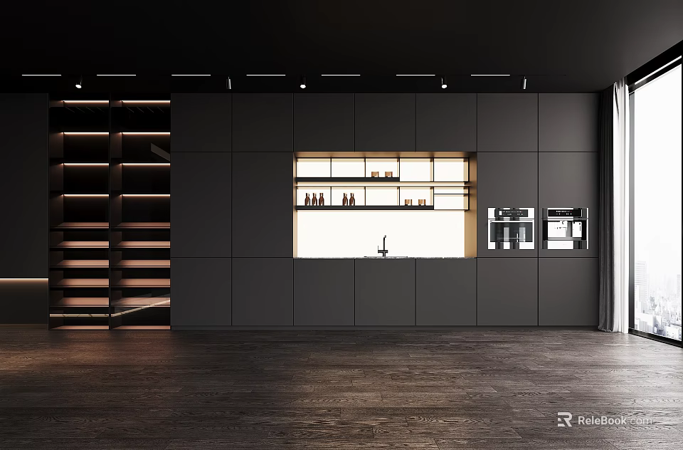 Modern Open Kitchen Sideboard Interior Design With Black Cabinets Wooden Floor Lighting 3d model 