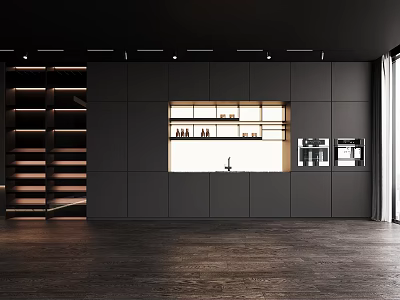 Modern Open Kitchen Sideboard Interior Design With Black Cabinets Wooden Floor Lighting 3d model