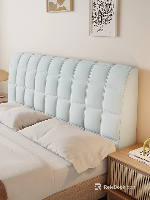 Double Bed with Light Blue Tufted Upholstered Headboard and Soft Pillows on Mattress 3d model 