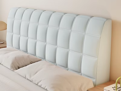 Double Bed with Light Blue Tufted Upholstered Headboard and Soft Pillows on Mattress 3d model