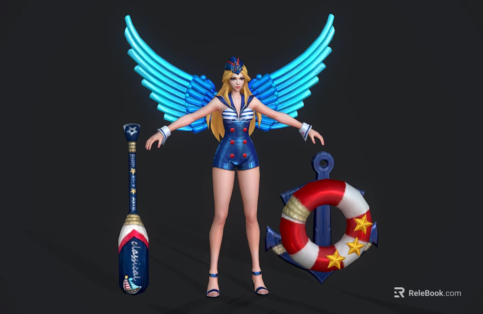 Winged Female With Blue Luminous Wings Blonde Hair Blue Costume Near Anchor And Mariners Baton 3d model 