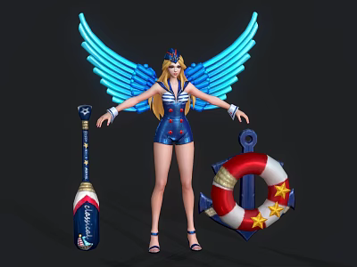 Winged Female With Blue Luminous Wings Blonde Hair Blue Costume Near Anchor And Mariners Baton 3d model