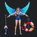 Winged Female With Blue Luminous Wings Blonde Hair Blue Costume Near Anchor And Mariners Baton