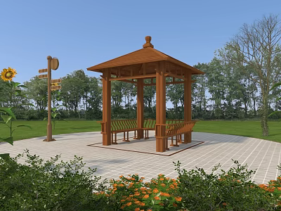 Wooden Pavilion With Benches In Park Square Surrounded By Green Plants And Sunflowers 3d model