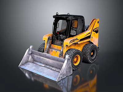 Yellow Skid Steer Loader With Front Bucket And Black Cab On Reflective Surface 3d model