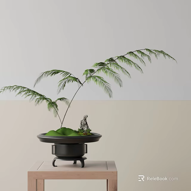 Elegant Bonsai Plant With Lush Green Foliage And Black Pot On Wooden Stand 3d model 