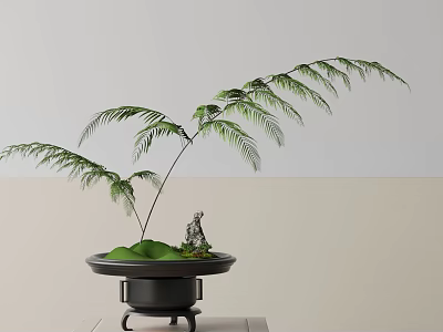 Elegant Bonsai Plant With Lush Green Foliage And Black Pot On Wooden Stand 3d model