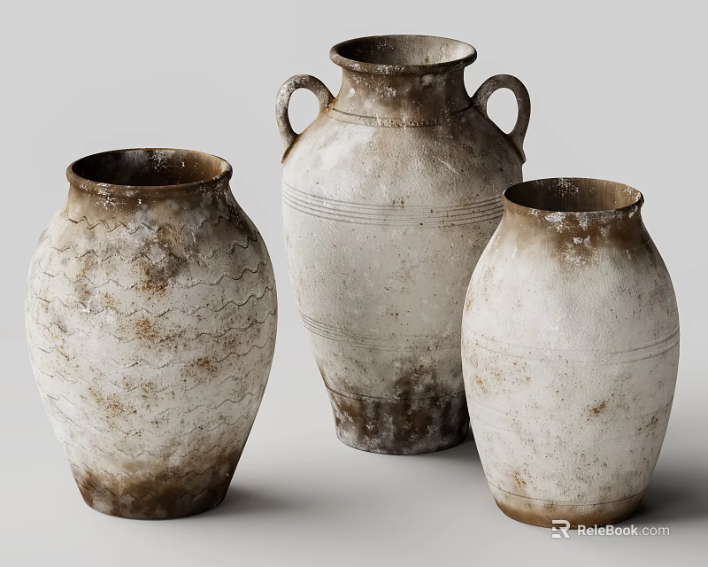 Ceramic Vases Vintage Style With Distressed Texture And Various Shapes 3d model 