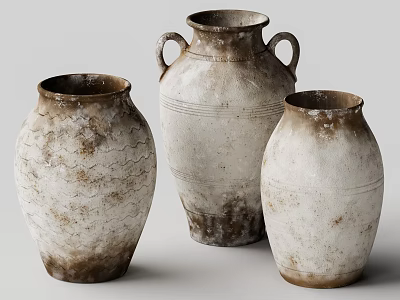 Ceramic Vases Vintage Style With Distressed Texture And Various Shapes 3d model