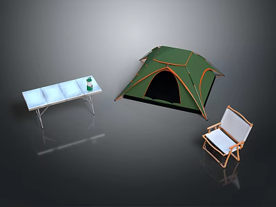 Green Outdoor Camping Tent Setup With Folding Table And Folding Chair 3d model