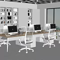 Modern Public Office Space With Desks Chairs Computers Bookshelves And Large Windows