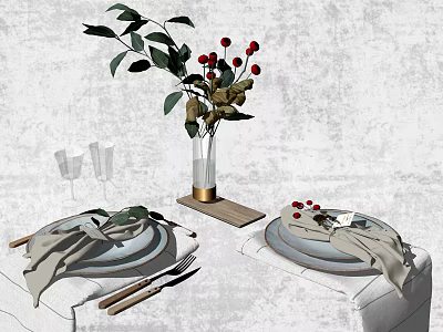 Elegant Dinnerware Set with Plates Cutlery Napkins and Decorative Vase Featuring Green Leaves Red Berries 3d model