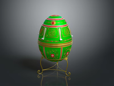 Ornate Green Decorative Egg With Gold Accents Red Patterns On Gold Stand 3d model