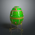Ornate Green Decorative Egg With Gold Accents Red Patterns On Gold Stand