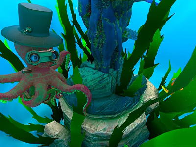 Underwater Scene With Pink Octopus Wearing Top Hat Goggles Seaweed And Rocks 3d model