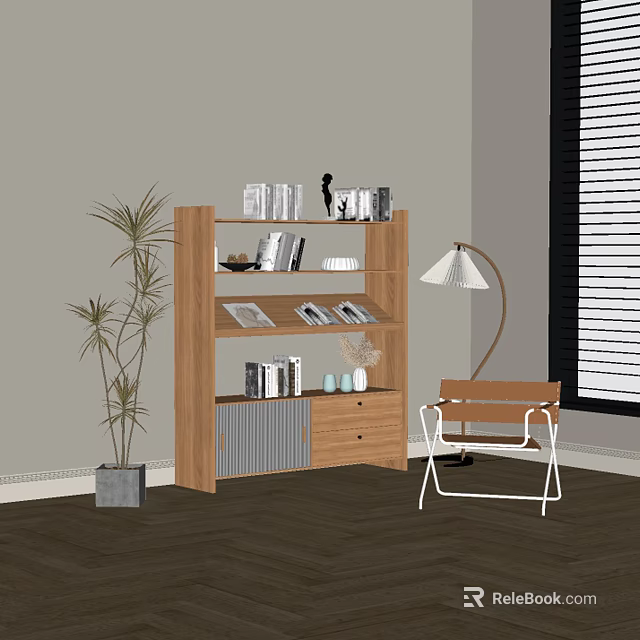 Modern Wooden Bookcase With Books Decorative Items Floor Lamp And Potted Plant Near Chair 3d model 