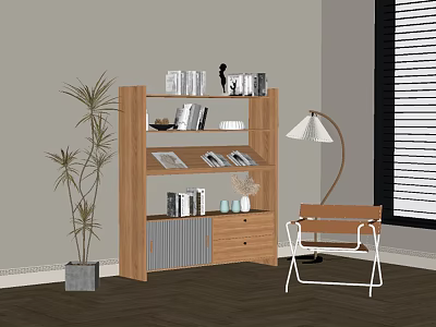 Modern Wooden Bookcase With Books Decorative Items Floor Lamp And Potted Plant Near Chair 3d model
